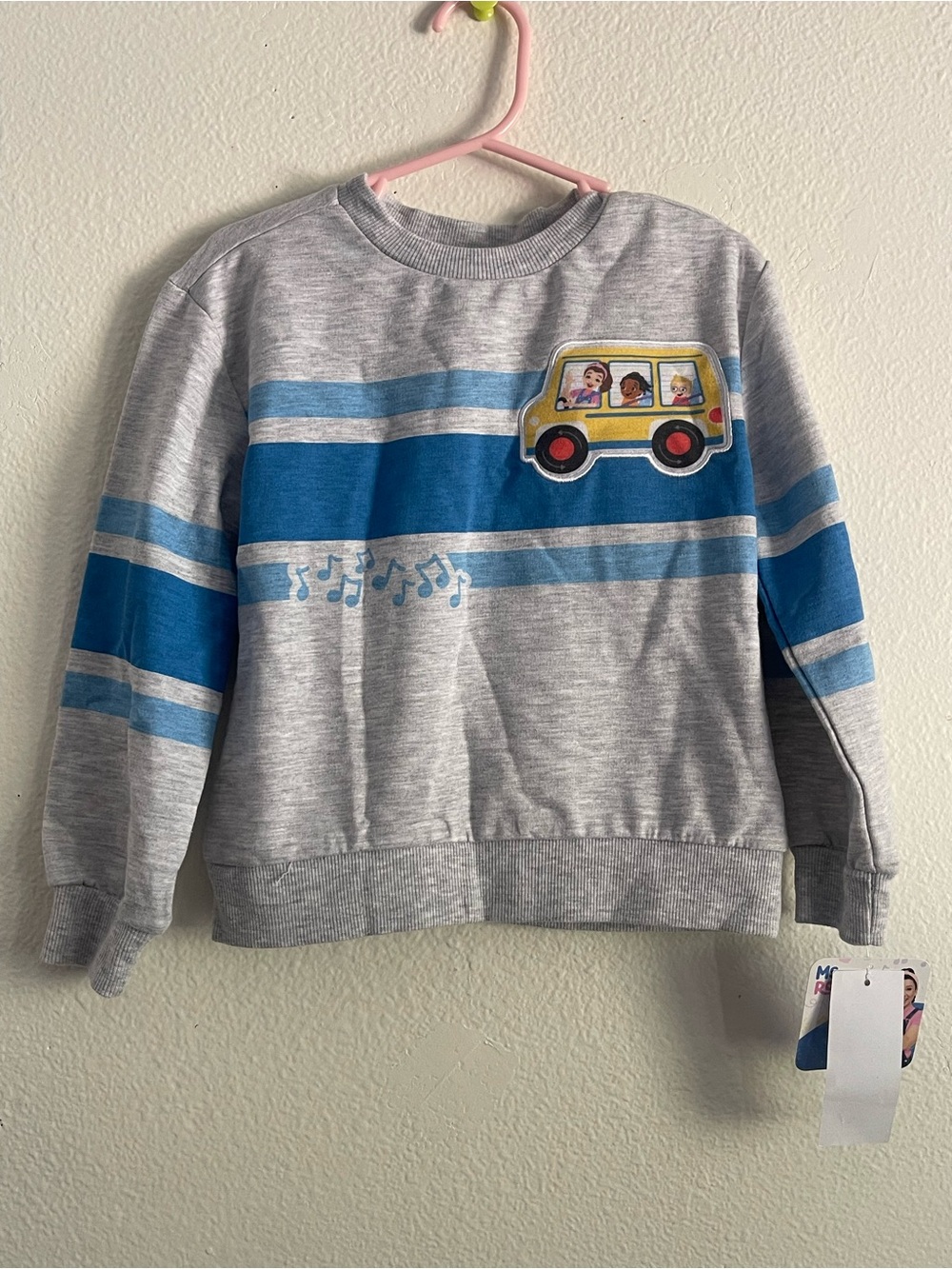 Rachel Grey Sweatshirt with Blue Stripes and Yellow Bus Patch